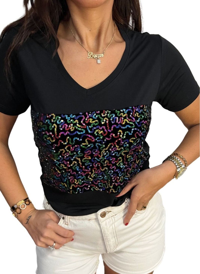 VENTIUP Women's V-Neck T-Shirts Short Sleeve Black / Shiny Details  - Image 2