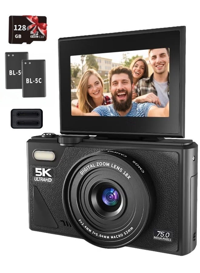 Lecran 5K Digital Camera,  75MP Vlogging Cameras, 18X Autofocus Point and Shoot Digital Camera with 3in 180°Flip Screen, Compact Vlog Travel Camara with 128G TF Card for Photography - Image 1