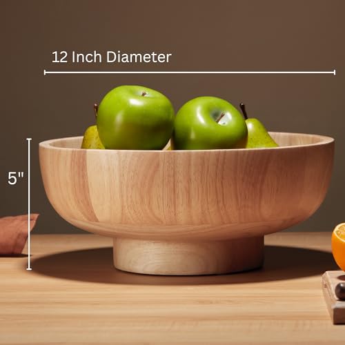 IVE Design Wood Fruit Bowl for Kitchen Counter, 12-inch Diameter Large Wooden Fruit Bowl, Natural Wood - Image 2
