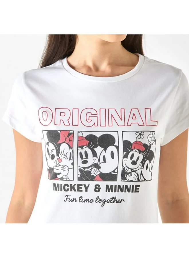 SP Characters Mickey and Minnie Mouse Print T-shirt with Short Sleeves