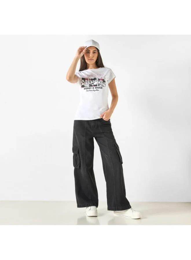 SP Characters Mickey and Minnie Mouse Print T-shirt with Short Sleeves