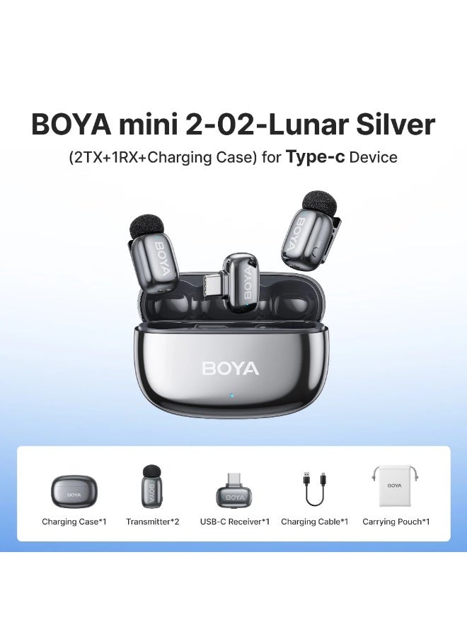 BOYA Mini 2 Wireless Lavalier Microphone for USB-C (iPhone 15/16/17 & Android), Dual Clip-On Mic, AI Noise Cancellation, 30H Battery Life, Plug & Play, for Video Recording, Podcast & Vlog, Includes Charging Case, 2 Transmitters, USB-C Receiver, Cable & Pouch – Lunar Silver - Image 2