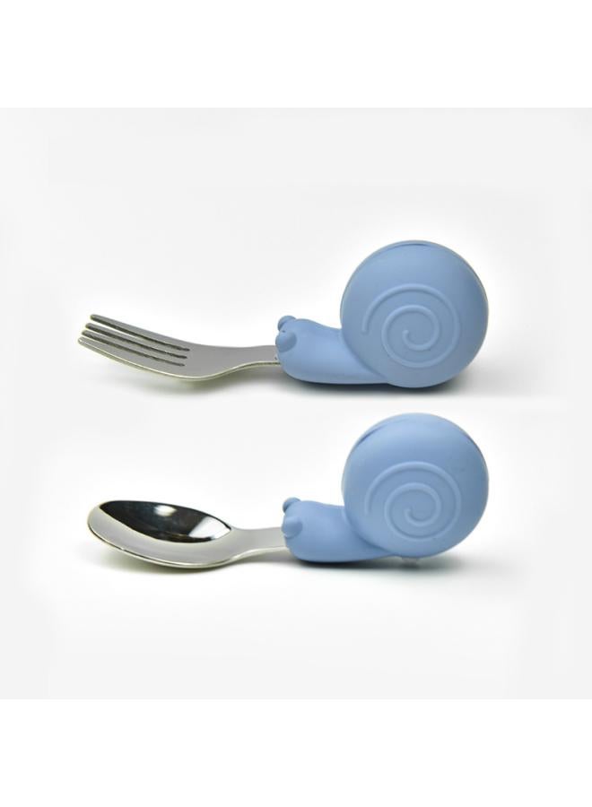 Hippo Baby Baby Learning To Eat Training Fork Spoon Short Handle Stainless Steel Tableware Children's Silicone Complementary Food Complementary Food Fork Spoon