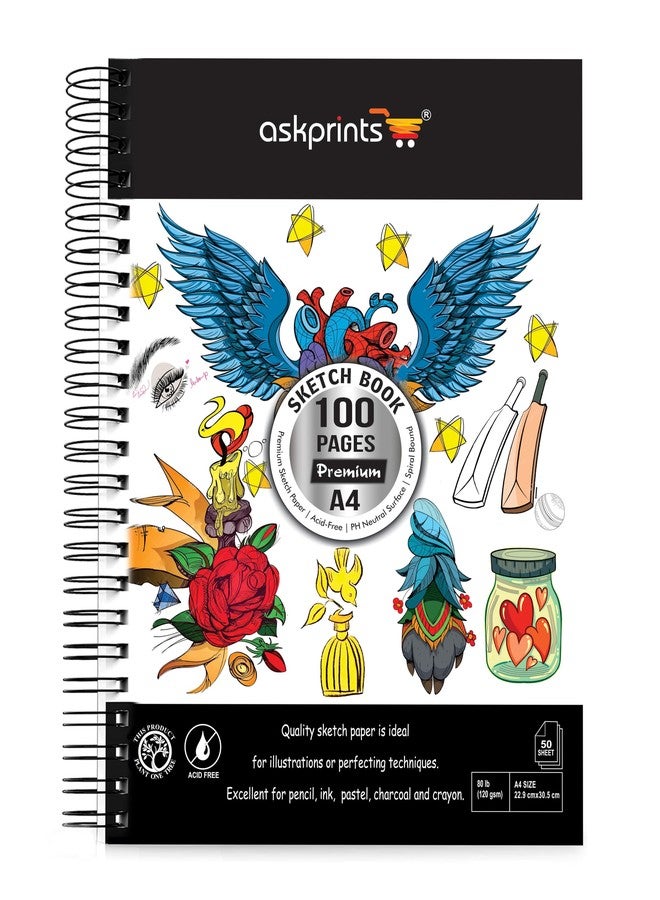Askprints A4 Premium Sketch Book, Spiral Bound, 100 Pages (120g/m2), Acid-Free Drawing Paper, Ideal for Kids, Teens & Adults. - Image 1
