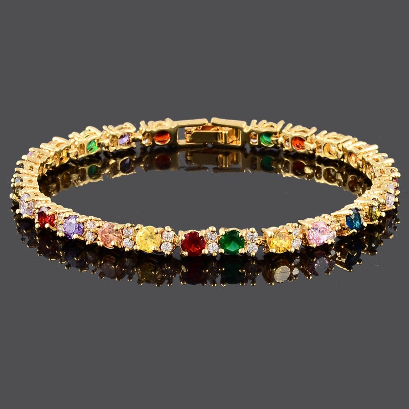 RIZILIA Eternity Tennis Bracelet & Round Cut Multi Colors Cubic Zirconia in Yellow Gold Plated, 7" - Image 5