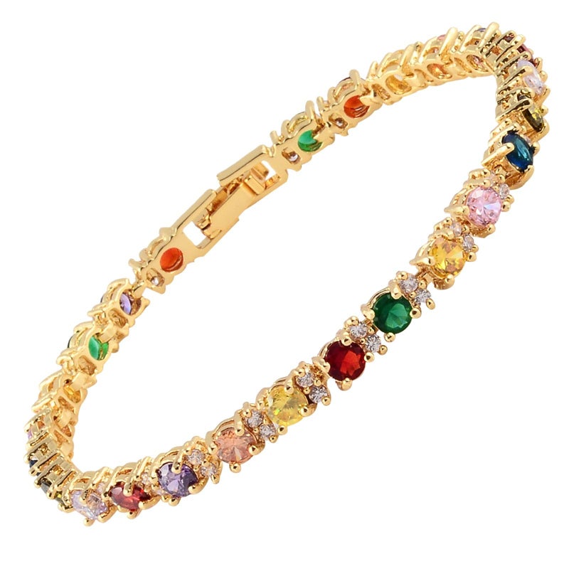 RIZILIA Eternity Tennis Bracelet & Round Cut Multi Colors Cubic Zirconia in Yellow Gold Plated, 7" - Image 1