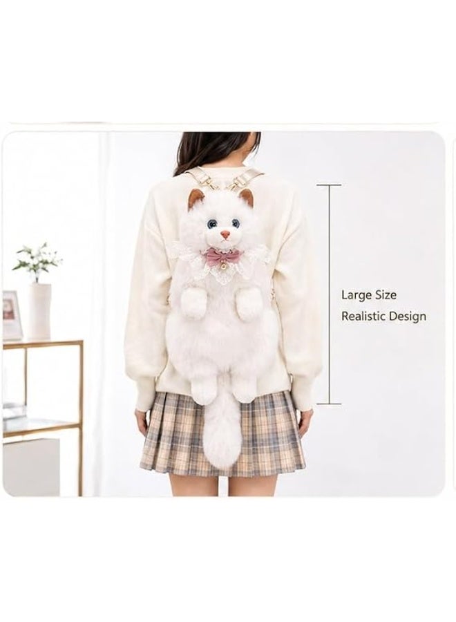 Kawaii White Fluffy Cat Crossbody Bag Meow Sound Button Premium Plush Lace Bow Bell Adjustable Strap Girls Women Cat Lover Shoulder Purse Gift - Image 3