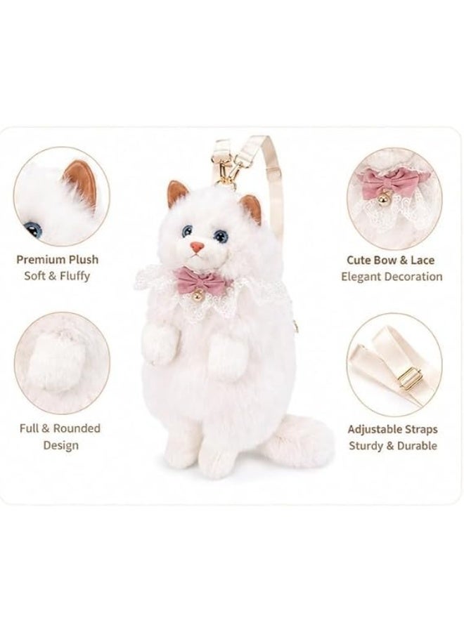 Kawaii White Fluffy Cat Crossbody Bag Meow Sound Button Premium Plush Lace Bow Bell Adjustable Strap Girls Women Cat Lover Shoulder Purse Gift - Image 4