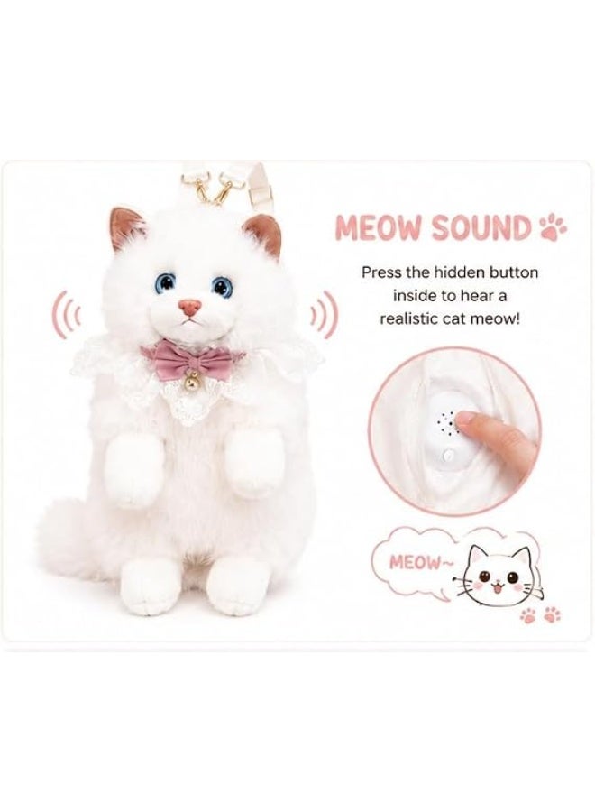 Kawaii White Fluffy Cat Crossbody Bag Meow Sound Button Premium Plush Lace Bow Bell Adjustable Strap Girls Women Cat Lover Shoulder Purse Gift - Image 5
