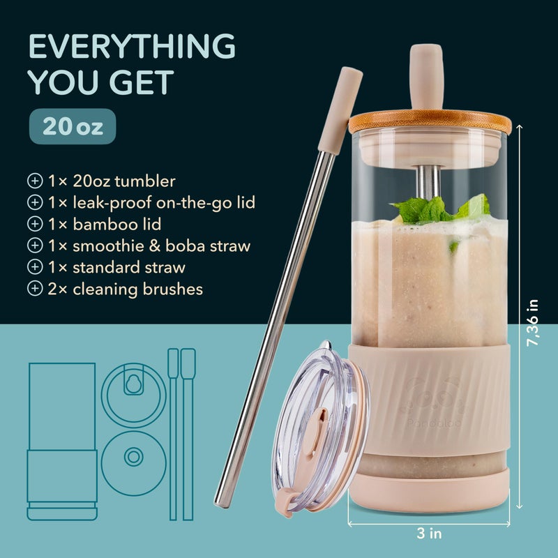 PandalooÂ® Glass Cups With Lids and Straws -20 Fl Oz- Perfect Size Iced Coffee Cup - Smoothie Cup With Bamboo Lid and On the go Lid (Creamy Mushroom, 1 Count (Pack of 1) - Image 2