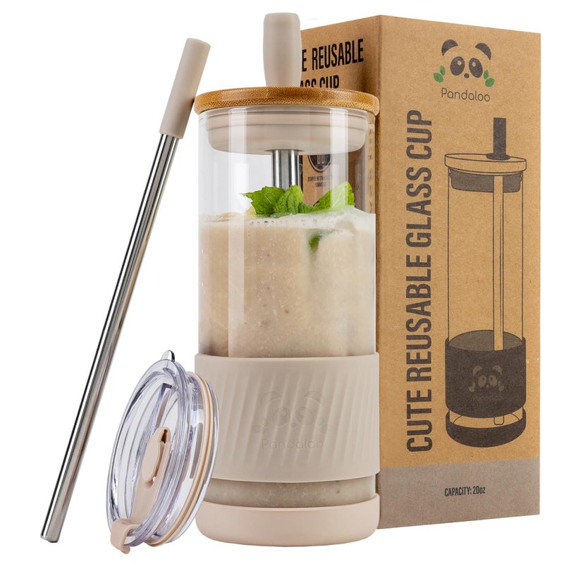 PandalooÂ® Glass Cups With Lids and Straws -20 Fl Oz- Perfect Size Iced Coffee Cup - Smoothie Cup With Bamboo Lid and On the go Lid (Creamy Mushroom, 1 Count (Pack of 1) - Image 1