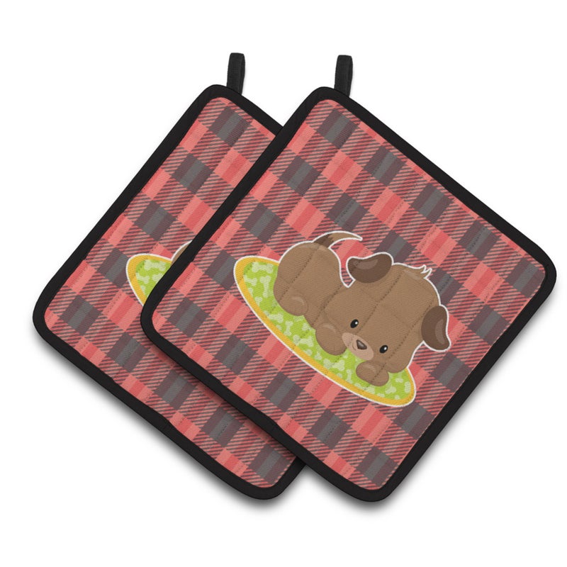 Caroline's Treasures ""Caroline's Treasures BB7072PTHD Puppy on Black Red Gingham Pair of Pot Holders  7.5 x 7.5""""  Multicolor"" 