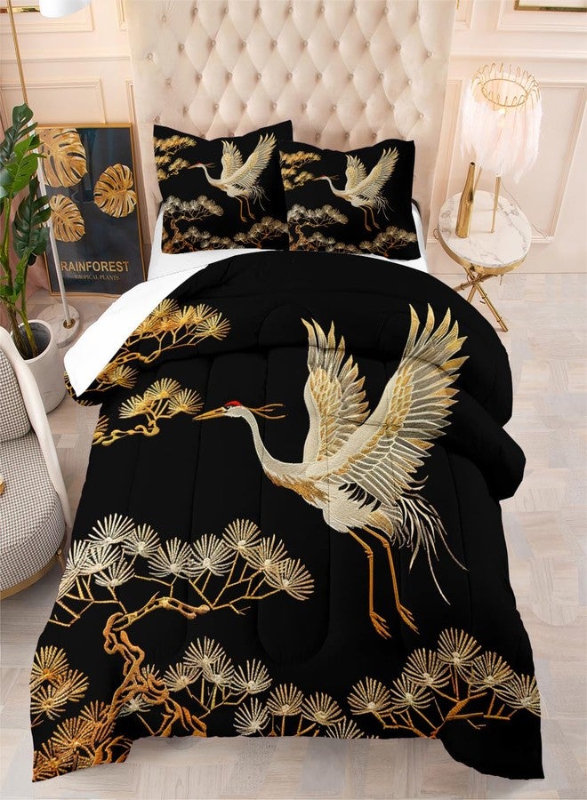 CCoutueChen Japanese Style Comforter Set Queen Size Black Gold Pine and Crane Bedding Set 3D Vintage Chinoiserie Printing Bedding White Golden Bird Tree Comforter Ultra Soft Lightweight Microfiber - Image 2