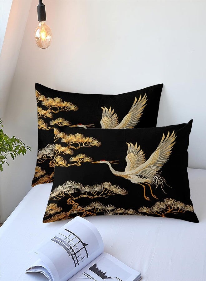 CCoutueChen Japanese Style Comforter Set Queen Size Black Gold Pine and Crane Bedding Set 3D Vintage Chinoiserie Printing Bedding White Golden Bird Tree Comforter Ultra Soft Lightweight Microfiber - Image 5