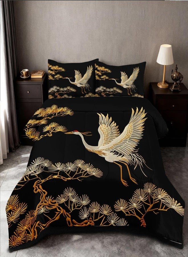 CCoutueChen Japanese Style Comforter Set Queen Size Black Gold Pine and Crane Bedding Set 3D Vintage Chinoiserie Printing Bedding White Golden Bird Tree Comforter Ultra Soft Lightweight Microfiber - Image 1
