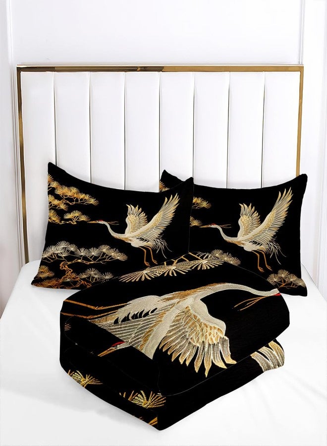 CCoutueChen Japanese Style Comforter Set Queen Size Black Gold Pine and Crane Bedding Set 3D Vintage Chinoiserie Printing Bedding White Golden Bird Tree Comforter Ultra Soft Lightweight Microfiber - Image 4