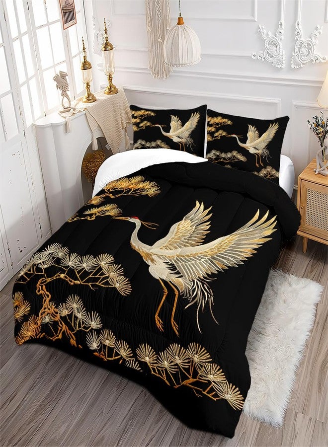 CCoutueChen Japanese Style Comforter Set Queen Size Black Gold Pine and Crane Bedding Set 3D Vintage Chinoiserie Printing Bedding White Golden Bird Tree Comforter Ultra Soft Lightweight Microfiber - Image 3
