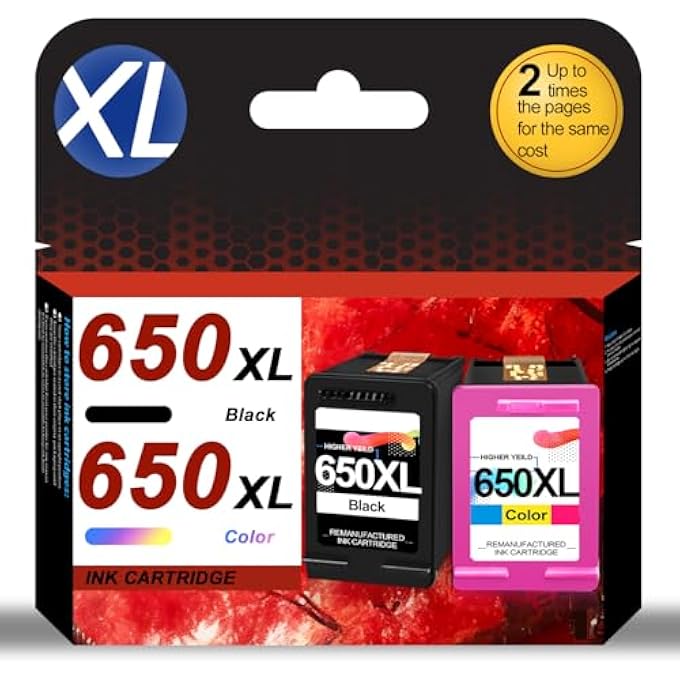 650XL INK CARTRIDGE COMBO PACK REPLACEMENT FOR HP 650 XL 650 INK FOR DESKJET ADVANTAGE 3525 4615 4625 5525 6525 E-ALL-IN-ONE PRINTER (2-PACK,1 BLACK+1 COLOR) - Image 1