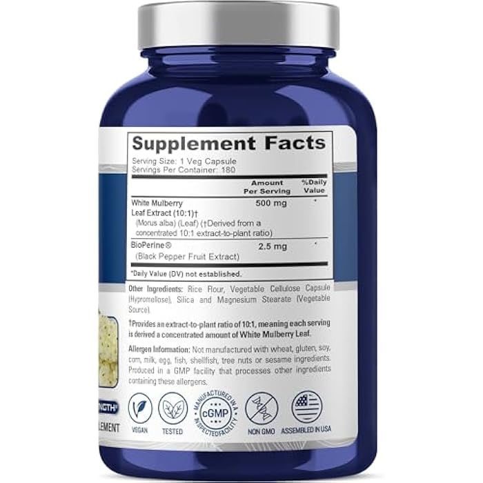 NusaPure White Mulberry Leaf Capsules, 500 mg, 180 Veg Capsules (Non-GMO, Vegan) - Image 2