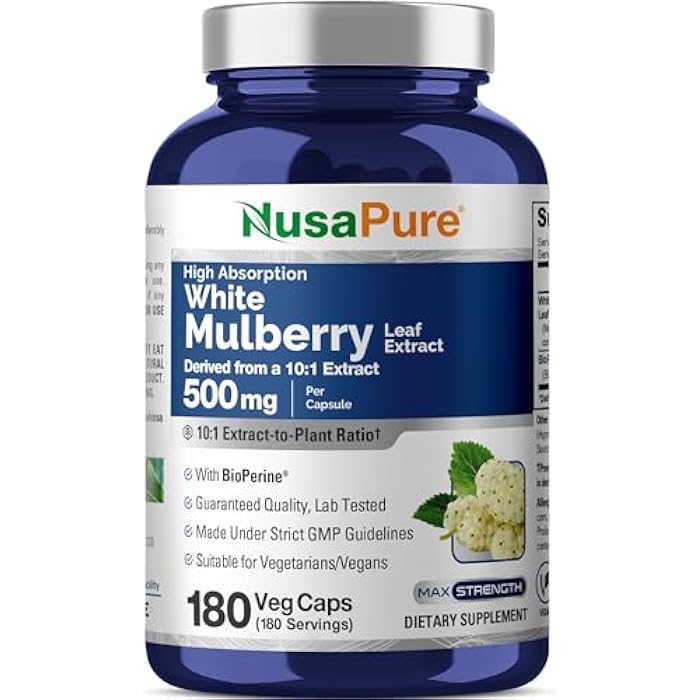 NusaPure White Mulberry Leaf Capsules, 500 mg, 180 Veg Capsules (Non-GMO, Vegan) - Image 1