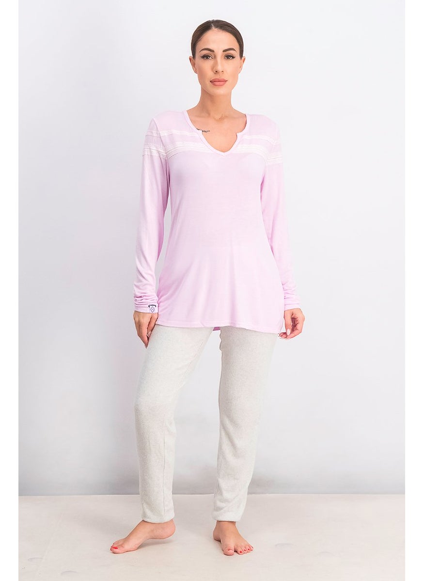 Vera Bradley - Women Split Neck Laced Full Sleeves Tee, Pink - Image 1