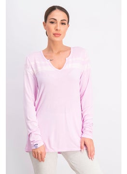 Women Split Neck Laced Full Sleeves Tee, Pink