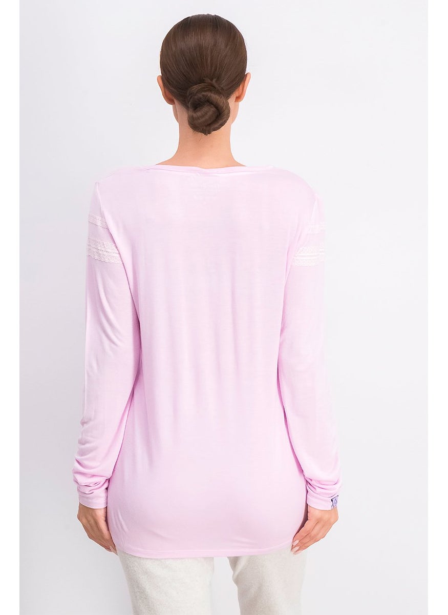 Vera Bradley - Women Split Neck Laced Full Sleeves Tee, Pink - Image 1
