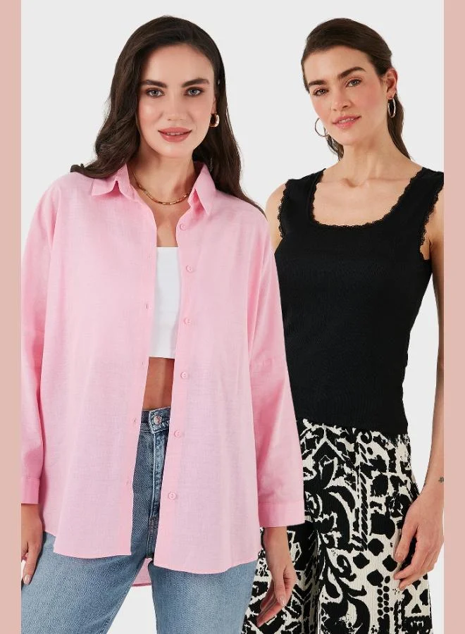 Lela Lela Stretch Cotton Oversize Fit 2-Pack Shirt-Tank Top Set Women's SHIRT-TANK TOP SET 67810014979S2