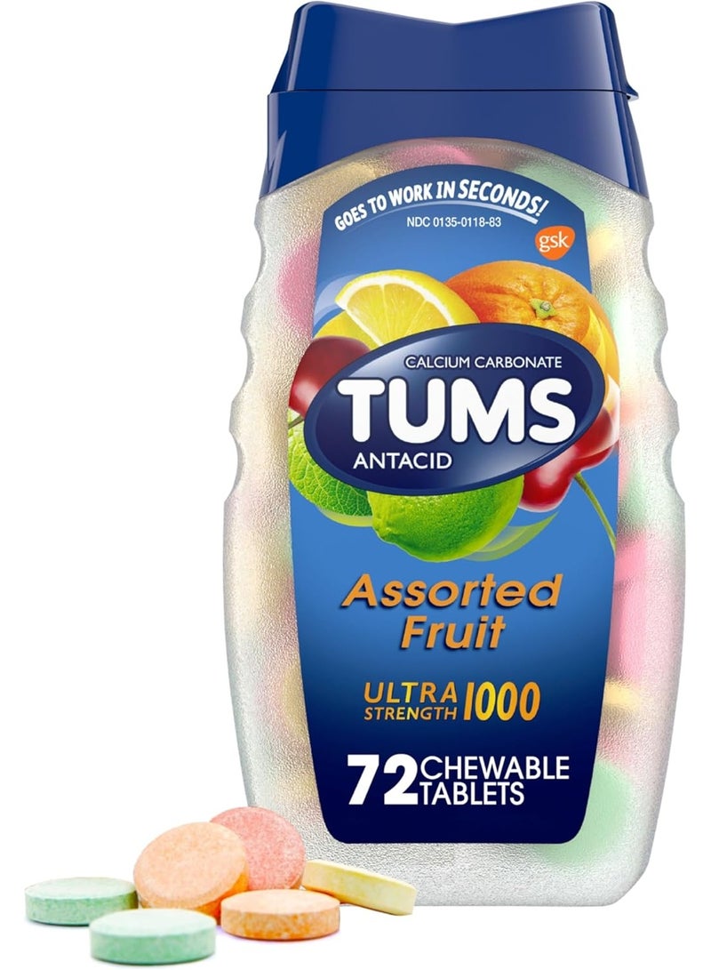 TUMS Ultra Strength Antacid Tablets for Chewable Heartburn Relief and Acid Indigestion Relief, Assorted Fruit - 72 Count - Image 2