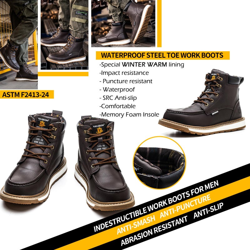 KELODON Waterproof Steel Toe Boots For Men-6" Leather Moc Toe Winter Warm Work Boots Mens Steel Toe Shoes Indestructible Non Slip Resistant Construction Safety Boot,Dark Brown,size 11 Men - Image 3