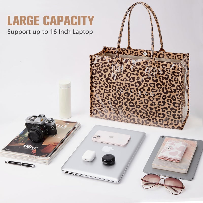 KALIDI FANCY FOREST KALIDI PVC Tote Bag Womenâ€™s Kraft Paper Work Handbags Purses with Top Handle,Leopard - Image 5