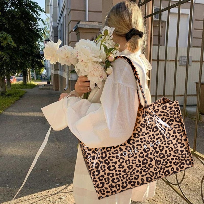 KALIDI FANCY FOREST KALIDI PVC Tote Bag Womenâ€™s Kraft Paper Work Handbags Purses with Top Handle,Leopard - Image 3