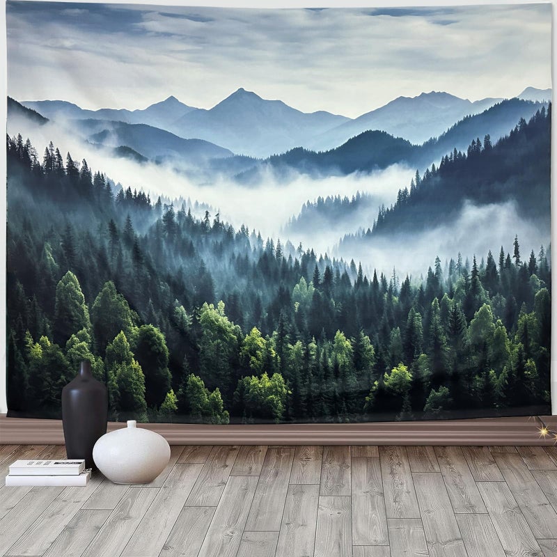 TUGCAY Misty Mountain Forest Tapestry Foggy Tree Tapestry Nature Scenery Landscape Wall Tapestries Aesthetic for Bedroom Living Room Dorm Office Decor 60 x 50 Inches - Image 1