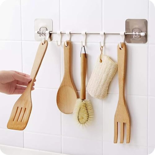 BBRAIMEN Self Adhesive Stainless Steel Rod with 6 Hooks Wall Mounted Utensil Hanging Rack for Kitchen, Bathroom Towel Hanger, Kitchen Hangers and Hooks Plastic Bathroom Towel Hook - Image 2