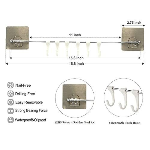 BBRAIMEN Self Adhesive Stainless Steel Rod with 6 Hooks Wall Mounted Utensil Hanging Rack for Kitchen, Bathroom Towel Hanger, Kitchen Hangers and Hooks Plastic Bathroom Towel Hook - Image 5