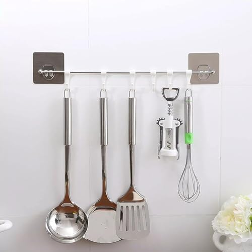 BBRAIMEN Self Adhesive Stainless Steel Rod with 6 Hooks Wall Mounted Utensil Hanging Rack for Kitchen, Bathroom Towel Hanger, Kitchen Hangers and Hooks Plastic Bathroom Towel Hook - Image 1