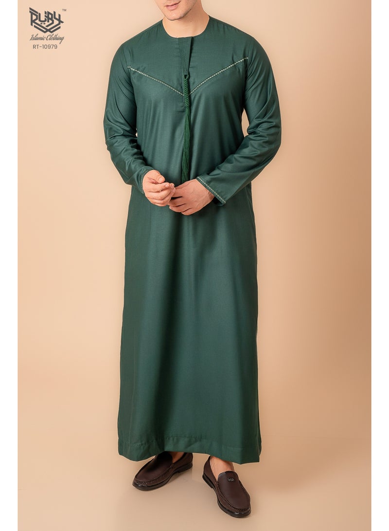 RUBY ISLAMIC CLOTHING Emirati Kandura Thobe for Men Round Neck Jubba for men With Embroidery & Tussel (Green) - Image 1