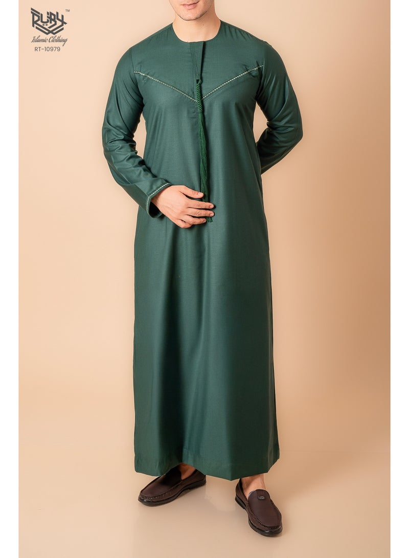 RUBY ISLAMIC CLOTHING Emirati Kandura Thobe for Men Round Neck Jubba for men With Embroidery & Tussel (Green) - Image 2
