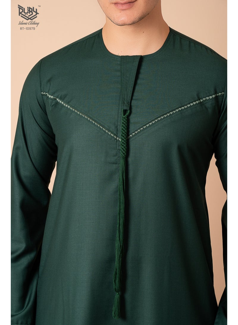 RUBY ISLAMIC CLOTHING Emirati Kandura Thobe for Men Round Neck Jubba for men With Embroidery & Tussel (Green) - Image 5