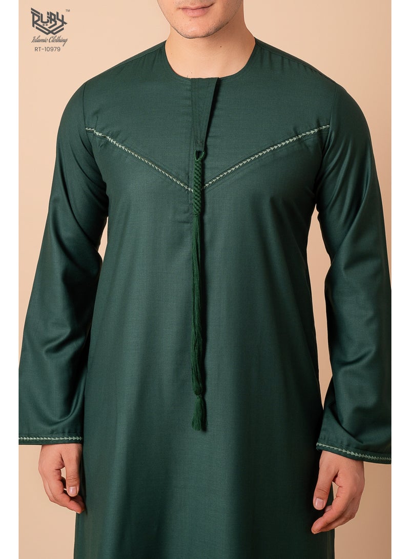 RUBY ISLAMIC CLOTHING Emirati Kandura Thobe for Men Round Neck Jubba for men With Embroidery & Tussel (Green) - Image 4