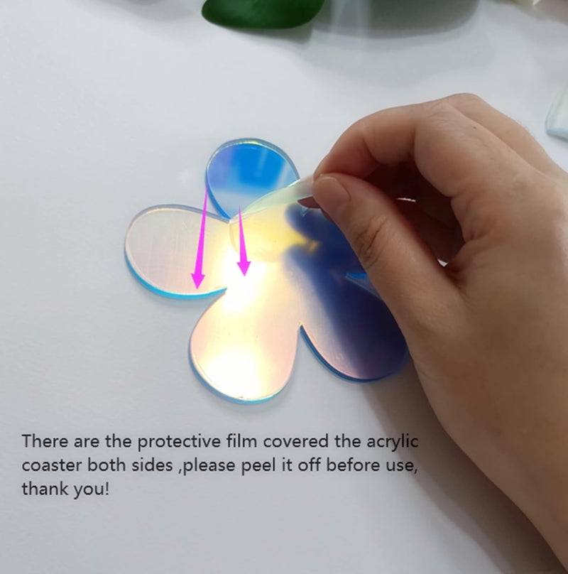 MEYA Rainbow Acrylic Coasters Set of 2 Flower Shaped Transparent and Iridescent Acrylic Not Dishwasher Safe - Image 2