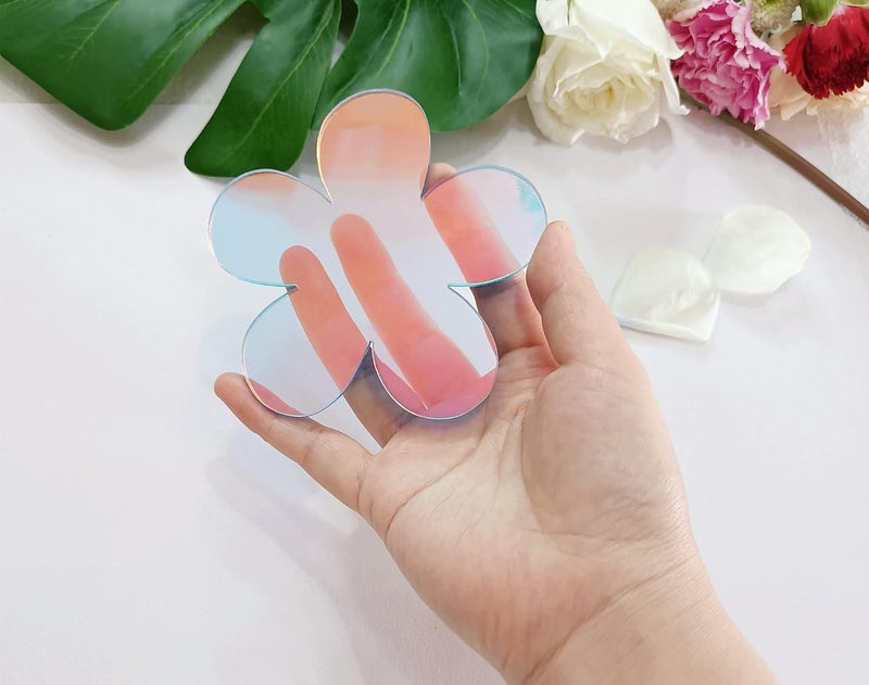 MEYA Rainbow Acrylic Coasters Set of 2 Flower Shaped Transparent and Iridescent Acrylic Not Dishwasher Safe - Image 5