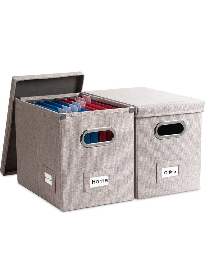 PRANDOM File Organizer Box - Set of 2 Collapsible Decorative Linen Filing Storage Hanging File Folders with Lids Office Cabinet Letter Size Light Grey (14x9.3x10.8 inch)