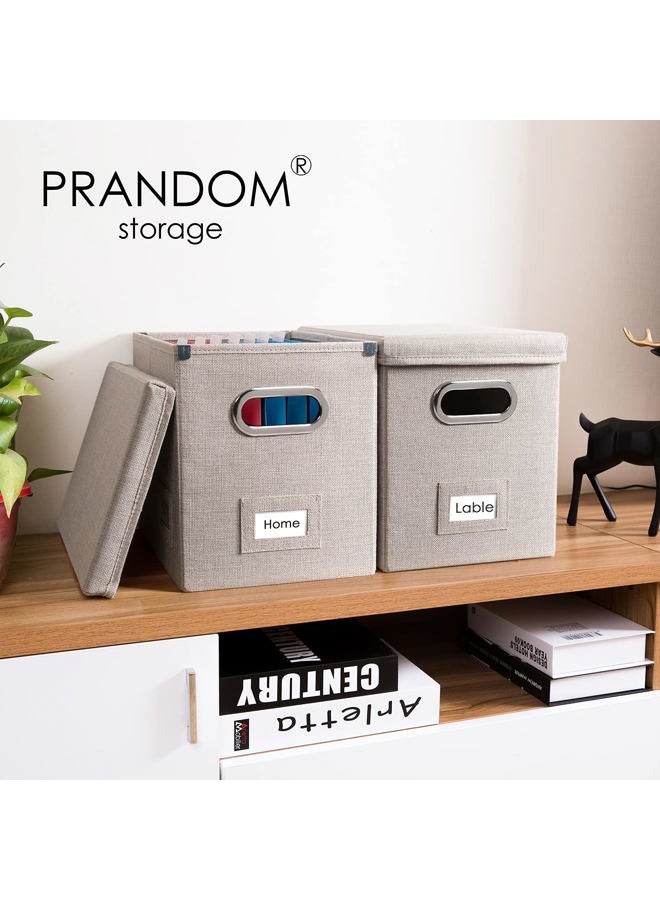 PRANDOM File Organizer Box - Set of 2 Collapsible Decorative Linen Filing Storage Hanging File Folders with Lids Office Cabinet Letter Size Light Grey (14x9.3x10.8 inch) - Image 2