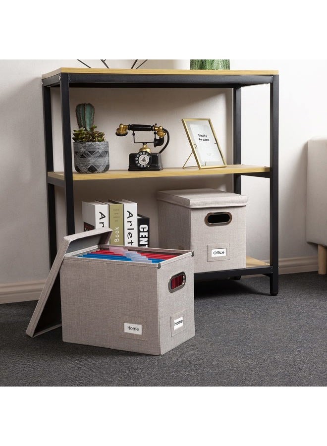 PRANDOM File Organizer Box - Set of 2 Collapsible Decorative Linen Filing Storage Hanging File Folders with Lids Office Cabinet Letter Size Light Grey (14x9.3x10.8 inch) - Image 3