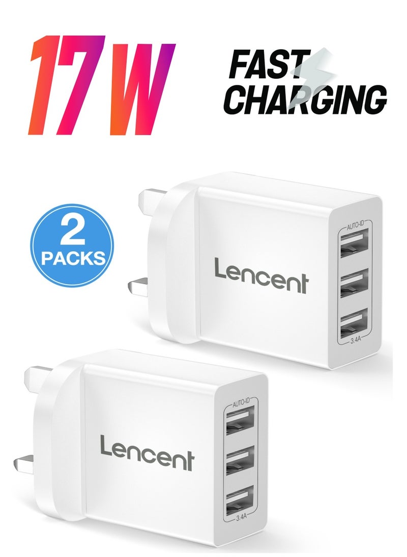 Lencent - USB Wall Charger(2 PACK),3-Port 17W/3.4A USB Charger Plug Cube Portable UK Power Adapter Plug with Smart IC Technology for iPhone,iPad,Samsung Galaxy,Huawei and etc White - Image 1