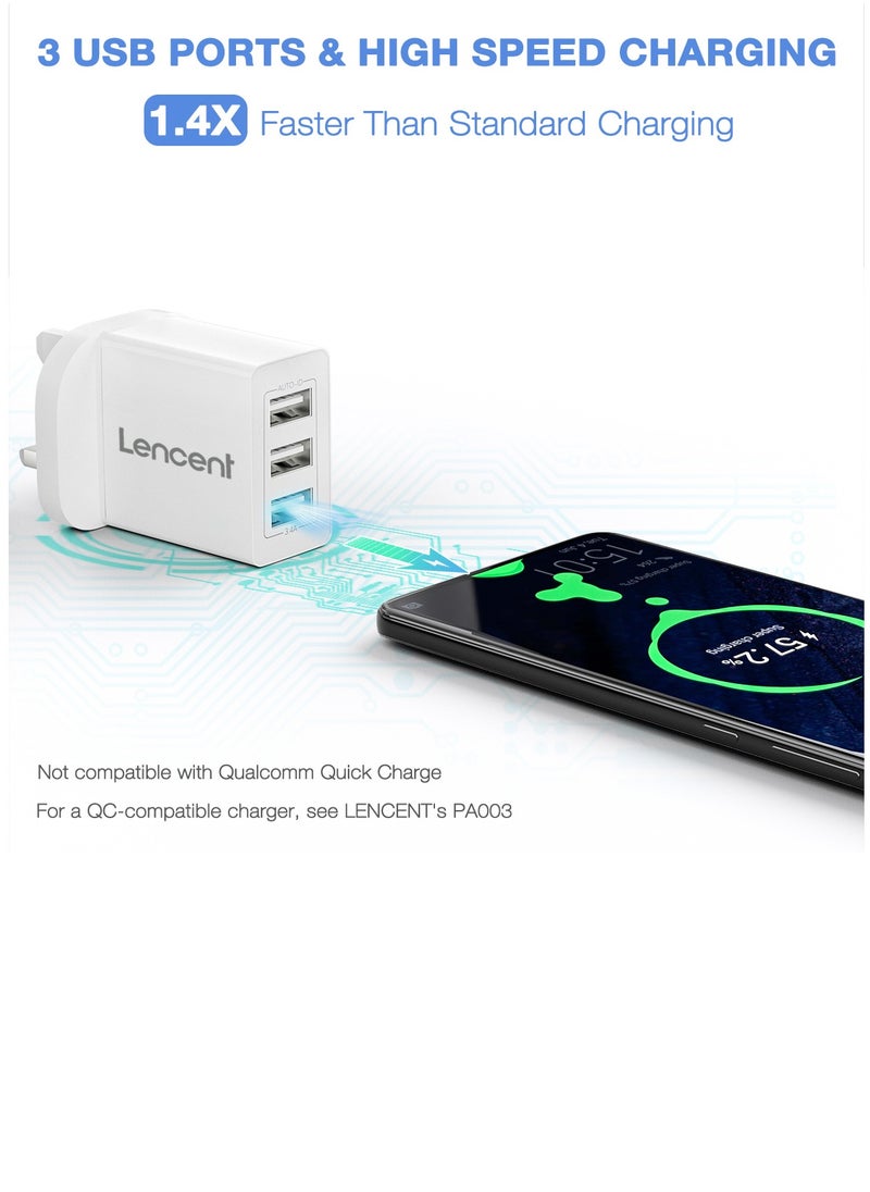 Lencent - USB Wall Charger(2 PACK),3-Port 17W/3.4A USB Charger Plug Cube Portable UK Power Adapter Plug with Smart IC Technology for iPhone,iPad,Samsung Galaxy,Huawei and etc White - Image 1