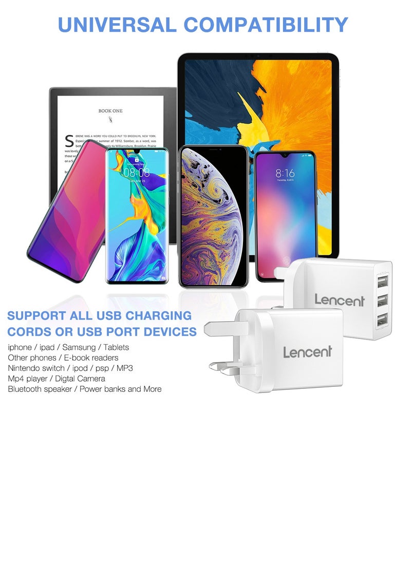 Lencent - USB Wall Charger(2 PACK),3-Port 17W/3.4A USB Charger Plug Cube Portable UK Power Adapter Plug with Smart IC Technology for iPhone,iPad,Samsung Galaxy,Huawei and etc White - Image 1