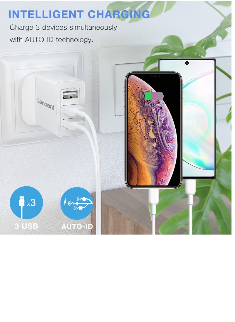Lencent - USB Wall Charger(2 PACK),3-Port 17W/3.4A USB Charger Plug Cube Portable UK Power Adapter Plug with Smart IC Technology for iPhone,iPad,Samsung Galaxy,Huawei and etc White - Image 1