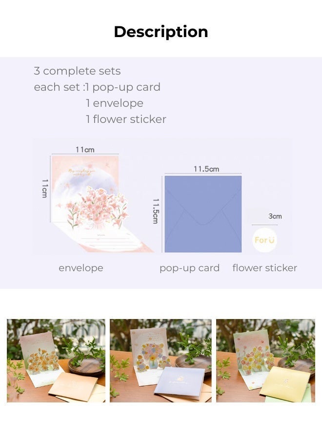3-Pack 3D Pop-Up Flower Wish Cards,Handwritten Thank You Cards,Greeting Cards,Holiday Cards,with Envelopes & Stickers for Gratitude, Wishes - Image 5